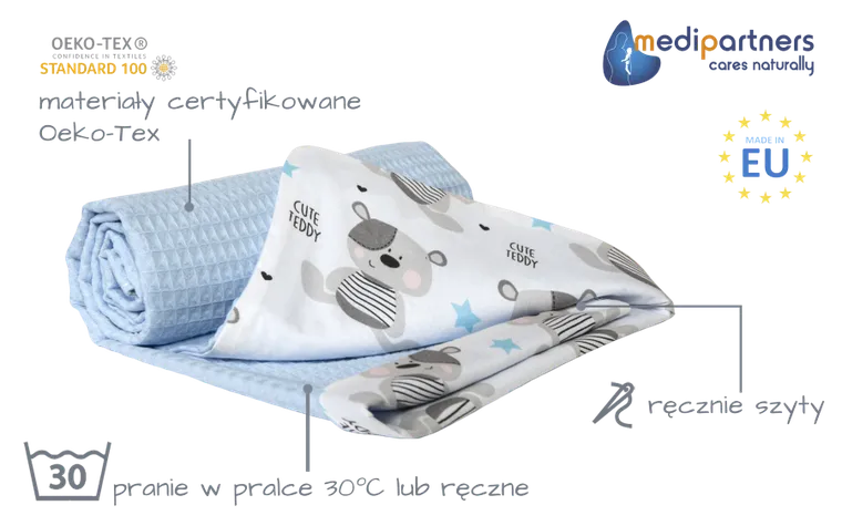 Medi Partners, Teddy, kocyk, wafel, niebieski, 75-100 cm