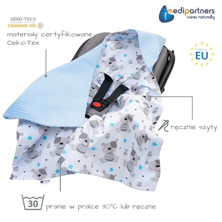 Medi Partners, Teddy, otulacz do nosidełka, kocyk z kapturkiem, wafel, 85-85 cm