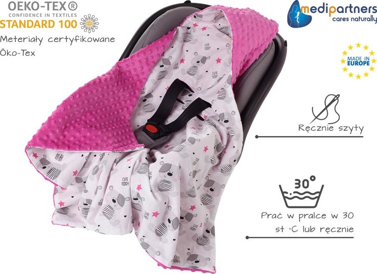 Medi Partners, Teddy, otulacz do nosidełka z kapturkiem, minky, ciemny różowy, 85-85 cm