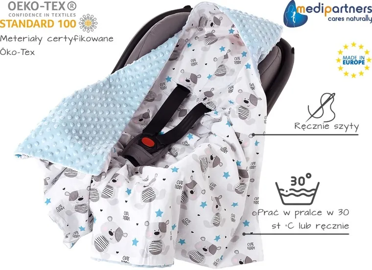 Medi Partners, Teddy, otulacz do nosidełka z kapturkiem, minky, jasny niebieski, 85-85 cm