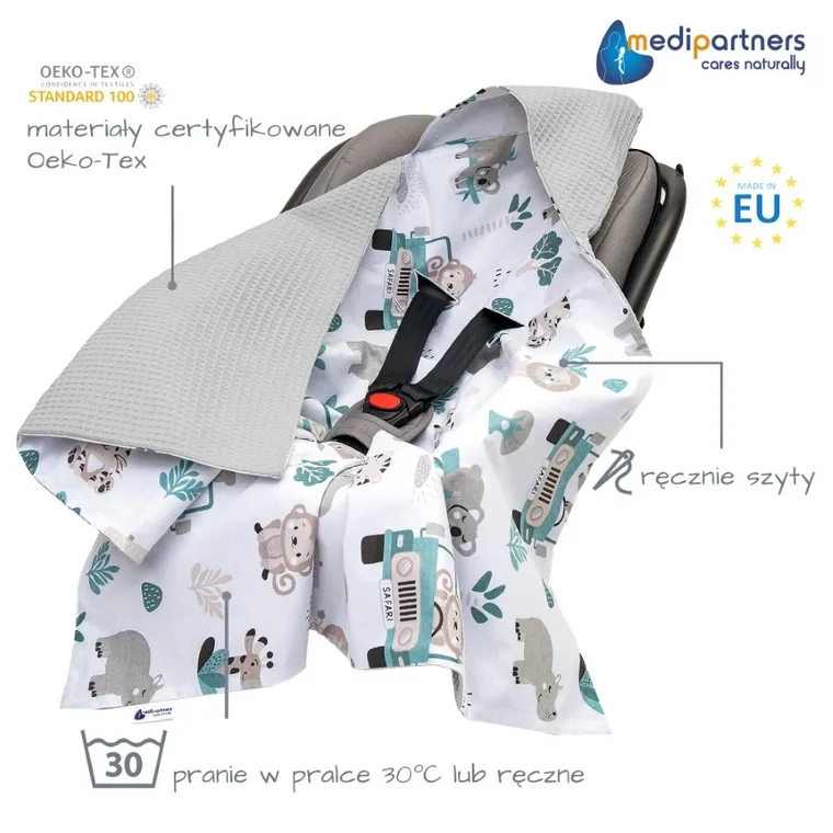 Medi Partners, Zoo, otulacz do nosidełka, kocyk z kapturkiem, wafel, 85-85 cm