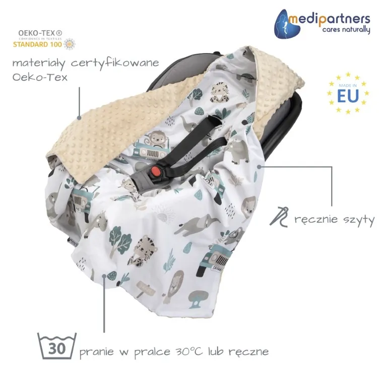 Medi Partners, Zoo, otulacz do nosidełka z kapturkiem, minky, miętowy, 85-85 cm