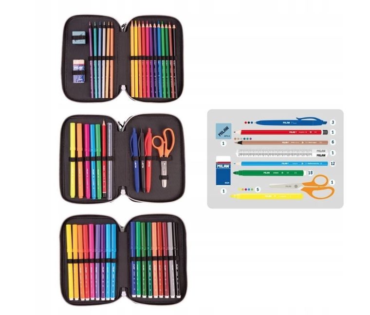 Milan, Aliens, piórnik 3-komorowy z wyposażeniem, wielokolorowy