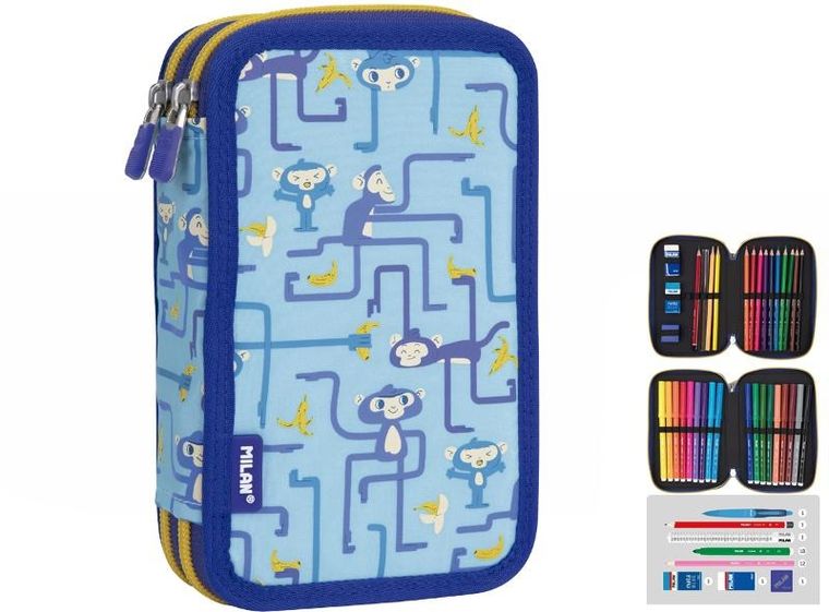 Milan, piórnik 2-poziomowy z wyposażeniem, Tangled Monkeys, niebieski