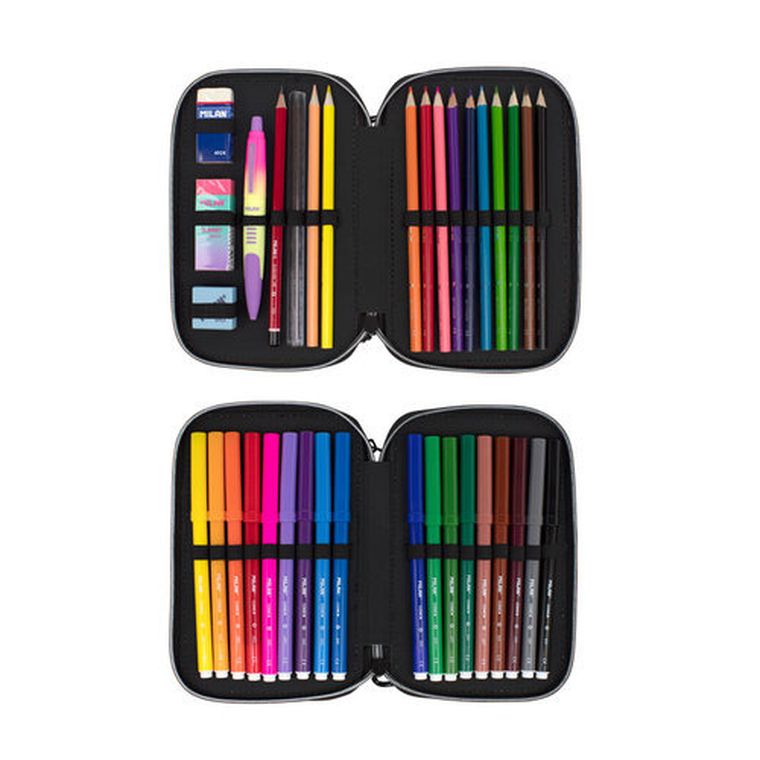 Milan, piórnik z wyposażeniem, sunset, różowy