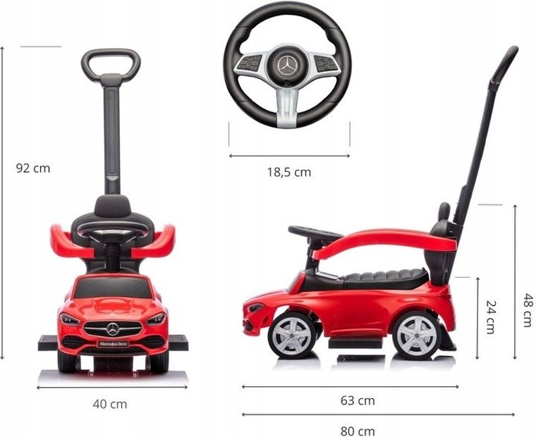 Milly Mally, Mercedes C-Class Deluxe, jeździk z rączką, pojazd, czerwony