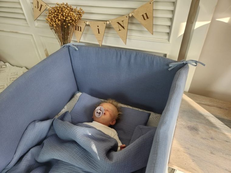 MimiNu, 2-częściowy komplet pościeli z wypełnieniem, całoroczny, muślin bawełniany, jeans, 75-100 cm + 40-30 cm