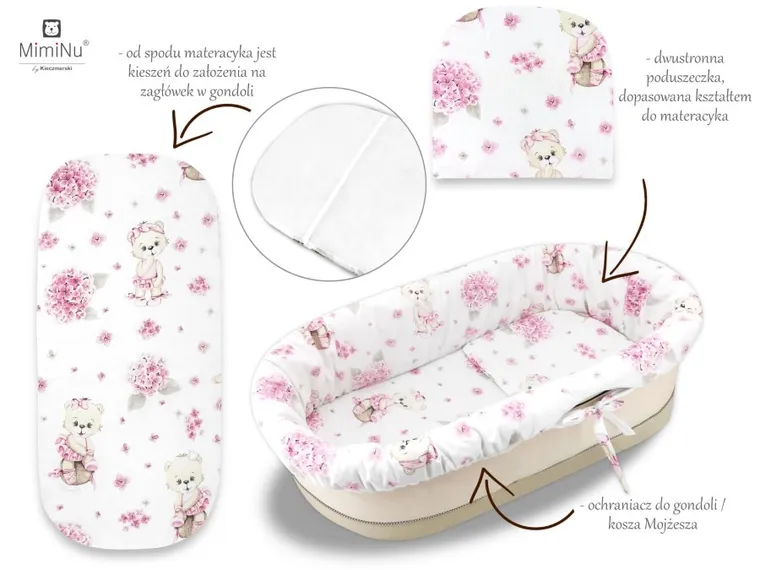 MimiNu, Baletnica, zestaw: uniwersalny ochraniacz do gondoli/kosza Mojżesza, materac 35-75 cm, poduszka 33-32 cm, róż