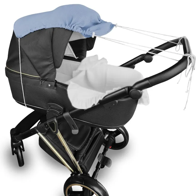 MimiNu, daszek do wózka, przeciwsłoneczna osłonka, muślin bawełniany, jeans
