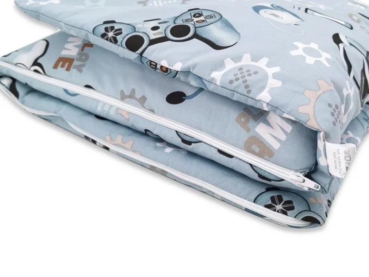 MimiNu, Gamer zestaw: śpiworek od niemowlaka do przedszkolaka, woreczek + poduszka z poszewką na suwak