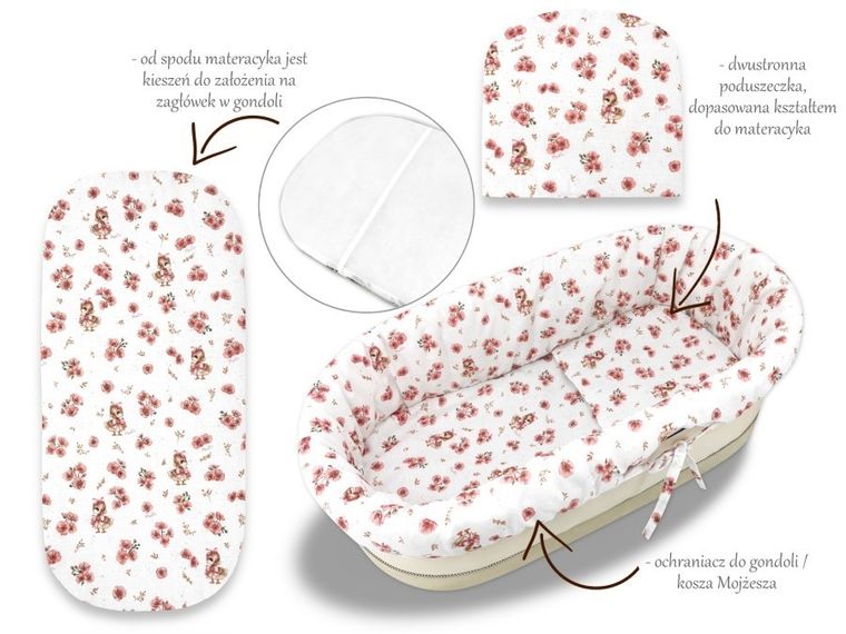 MimiNu, Kaczuszki, zestaw do gondoli/kosza Mojżesza: ochraniacz, poduszka, materac, pudrowy róż