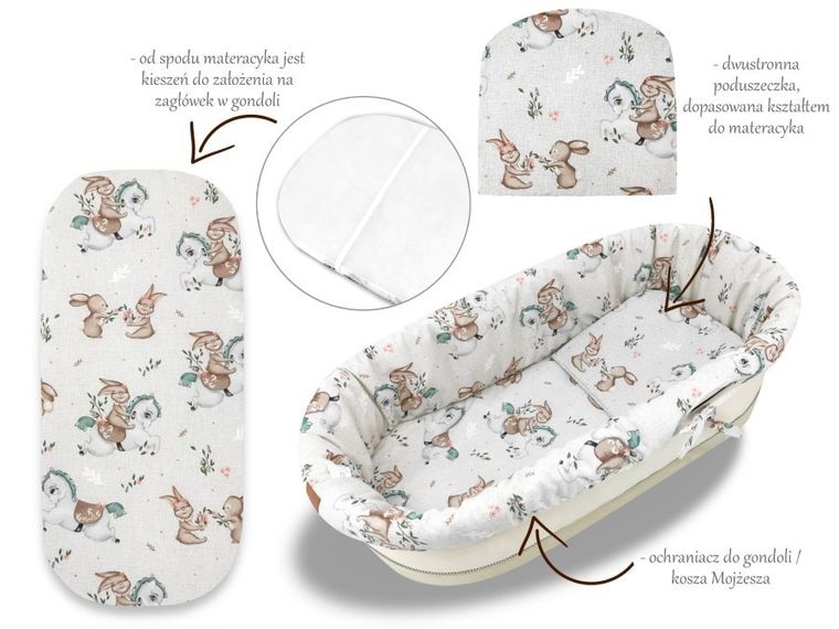 MimiNu, Karuzela, zestaw do gondoli/kosza Mojżesza: ochraniacz, poduszka, materac, pudrowy róż