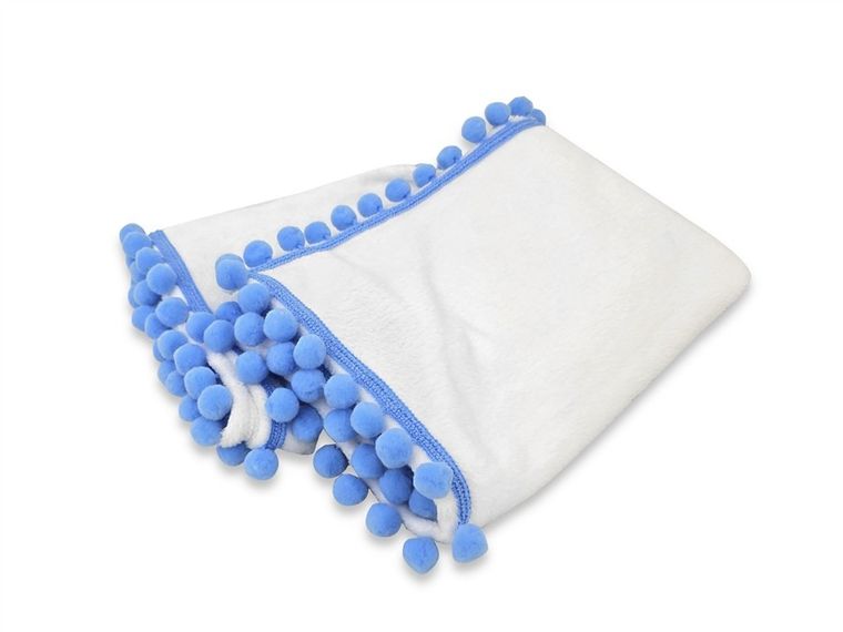 MimiNu, kocyk z pomponami, polar, biały + błękitne pompony, 75-100 cm