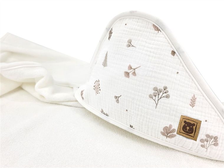 MimiNu, Listki, okrycie kąpielowe, muślin bawełniany + termofrotte, beż, 100-100 cm