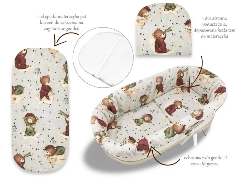 MimiNu, Miś na Księżycu, zestaw: uniwersalny ochraniacz do gondoli/kosza Mojżesza, materac, poduszka