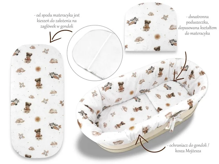 MimiNu, Misie, zestaw do gondoli/kosza Mojżesza: ochraniacz, poduszka, materac, beż