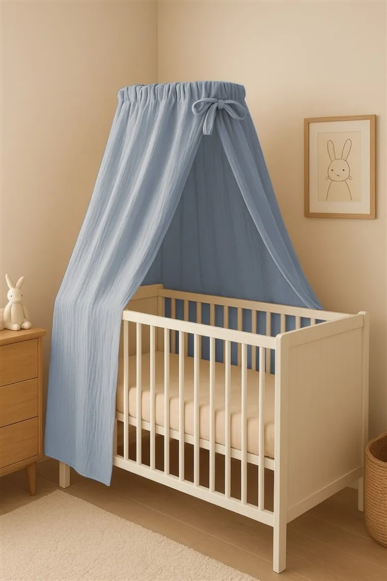 MimiNu, Muślin Premium, baldachim do łóżeczka, jeans, 220-145 cm