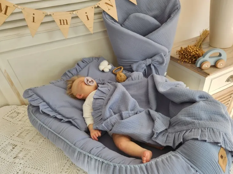 MimiNu, muślinowy kokon niemowlęcy, jeans