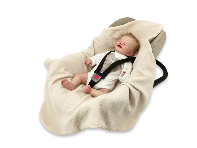 MimiNu, muślinowy otulacz, kocyk do nosidełka, fotelika kubełkowego, ciepły beż, 75-75 cm