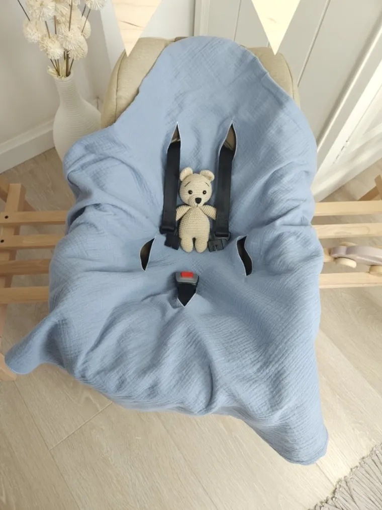 MimiNu, muślinowy otulacz, kocyk do nosidełka, fotelika kubełkowego, jeans, 75-75 cm