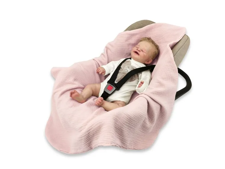 MimiNu, muślinowy otulacz, kocyk do nosidełka, fotelika kubełkowego, pudrowy róż, 75-75 cm
