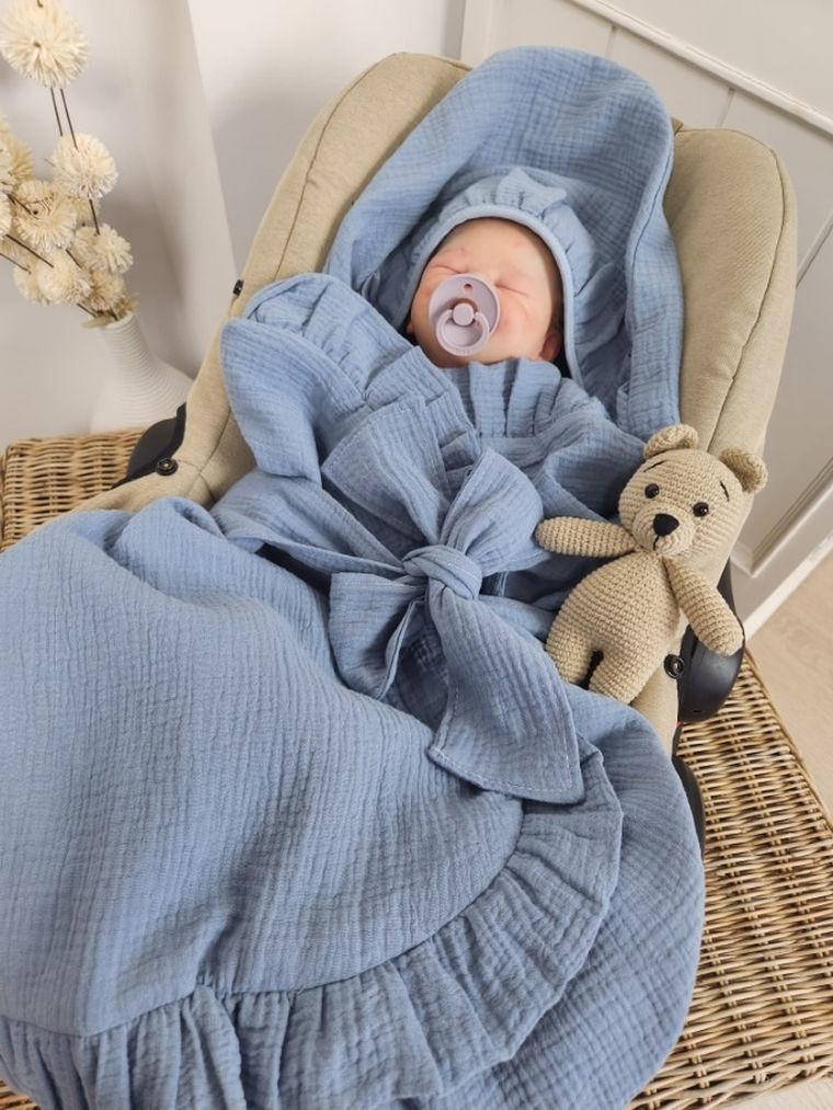 MimiNu, otulacz do wózka, fotelika samochodowego, 90-90 cm, falbanka, muślin, jeans, TOG 0.5-1.0