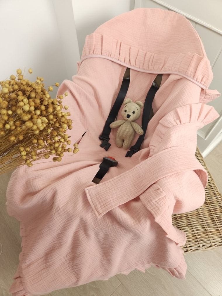 MimiNu, otulacz do wózka, fotelika samochodowego, 90-90 cm, falbanka, muślin, pudrowy róż, TOG 0.5-1.0