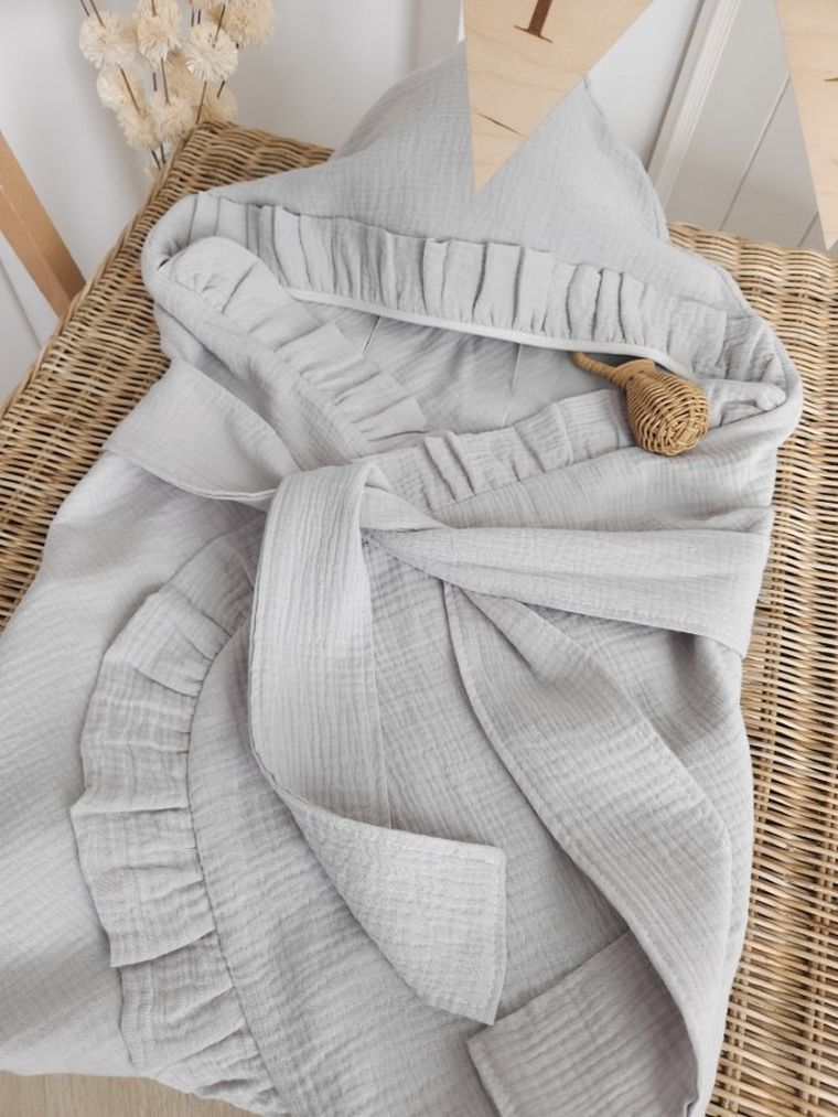 MimiNu, otulacz do wózka, fotelika samochodowego, 90-90 cm, falbanka, muślin, szary, TOG 0.5-1.0