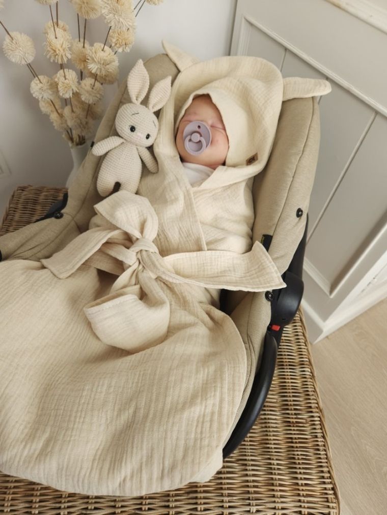 MimiNu, otulacz do wózka, fotelika samochodowego, 90-90 cm, uszka, muślin, ciepły beż, TOG 0.5-1.0