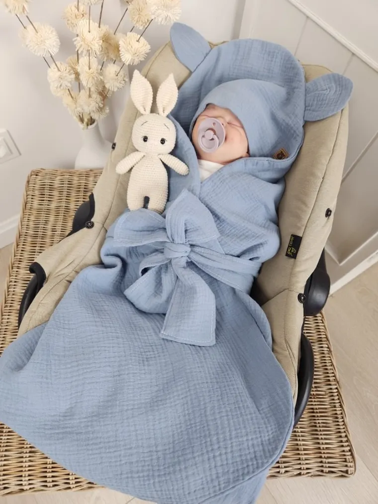 MimiNu, otulacz do wózka, fotelika samochodowego, 90-90 cm, uszka, muślin, jeans, TOG 0.5-1.0