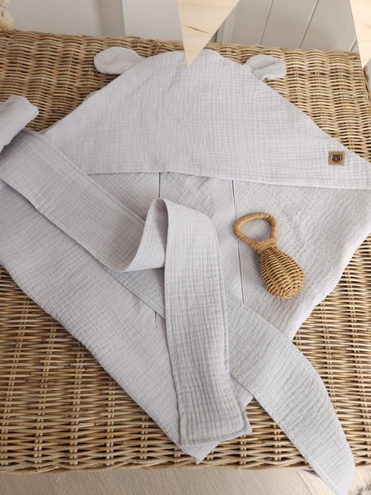 MimiNu, otulacz do wózka, fotelika samochodowego, 90-90 cm, uszka, muślin, szary, TOG 0.5-1.0