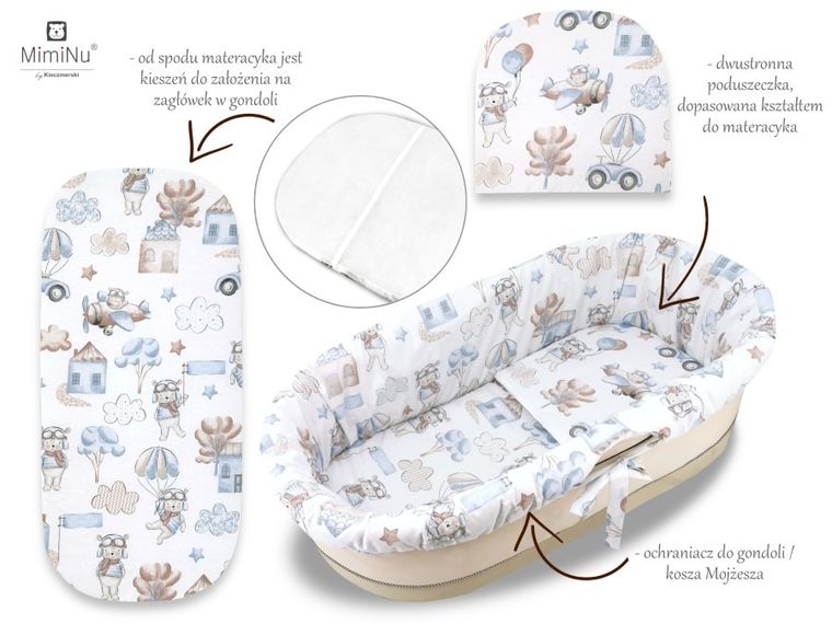 MimiNu, Piloci, zestaw: uniwersalny ochraniacz do gondoli/kosza Mojżesza, materac 35-75 cm, poduszka 33-32 cm, niebieski
