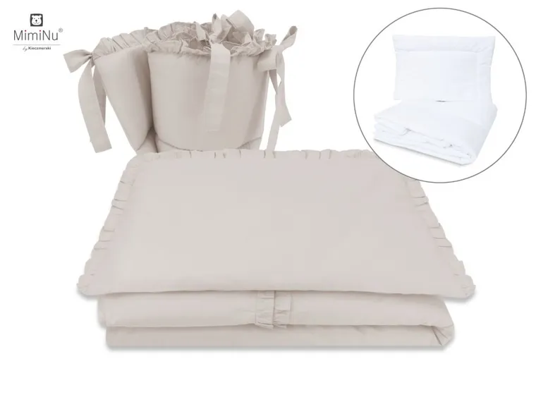 MimiNu, Royal, 5-częściowy komplet pościeli bawełnianej z falbanką, beż, 100-135 cm