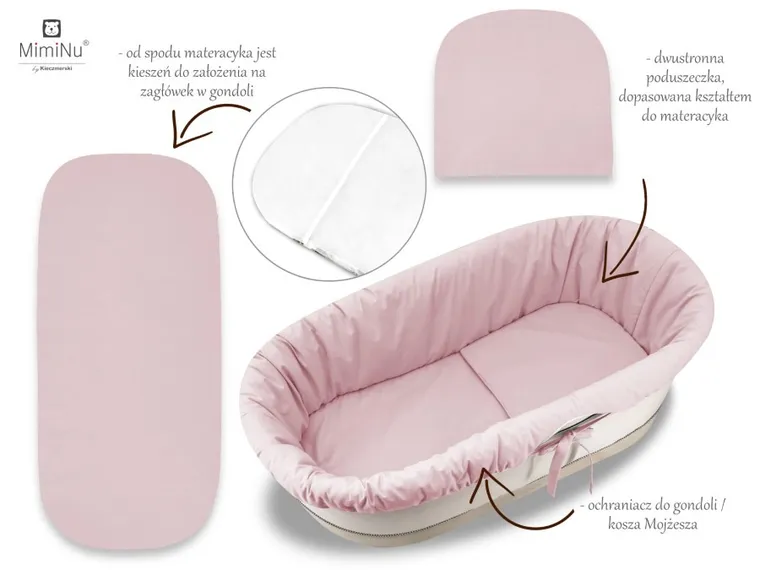 MimiNu, Royal, zestaw: uniwersalny ochraniacz do gondoli/kosza Mojżesza, materac 35-75 cm, poduszka 33-32 cm, pudrowy róż