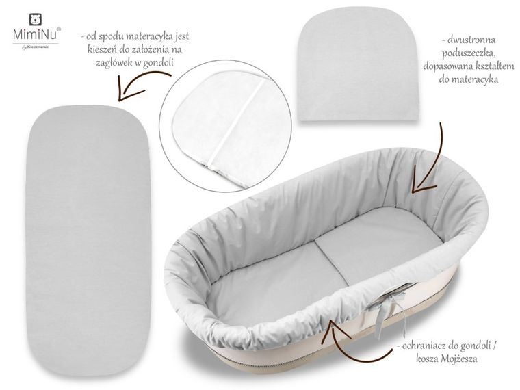 MimiNu, Royal, zestaw: uniwersalny ochraniacz do gondoli/kosza Mojżesza, materac 35-75 cm, poduszka 33-32 cm, szary