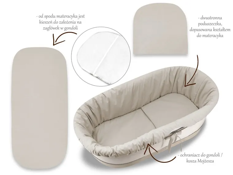 MimiNu, Royal, zestaw: uniwersalny ochraniacz do gondoli/kosza Mojżesza, materac, beż