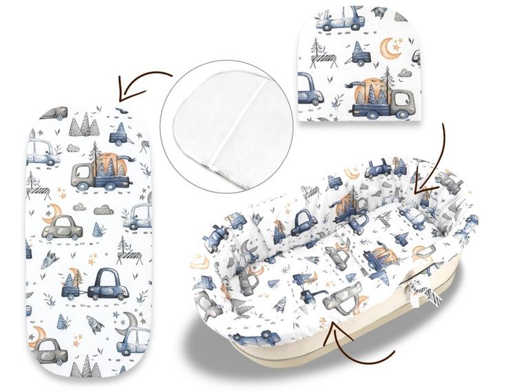 MimiNu, Samochodziki Niebieskie, uniwersalny zestaw do gondoli, kosza Mojżesza: materac, ochraniacz, poduszka