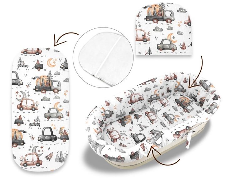 MimiNu, Samochodziki Szare, uniwersalny zestaw do gondoli, kosza Mojżesza: materac, ochraniacz, poduszka