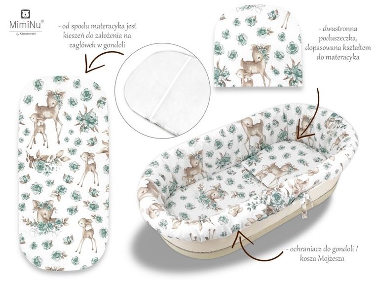 MimiNu, Słodka Sarenka, zestaw: uniwersalny ochraniacz do gondoli/kosza Mojżesza, materac 35-75 cm, poduszka 33-32 cm, mięta