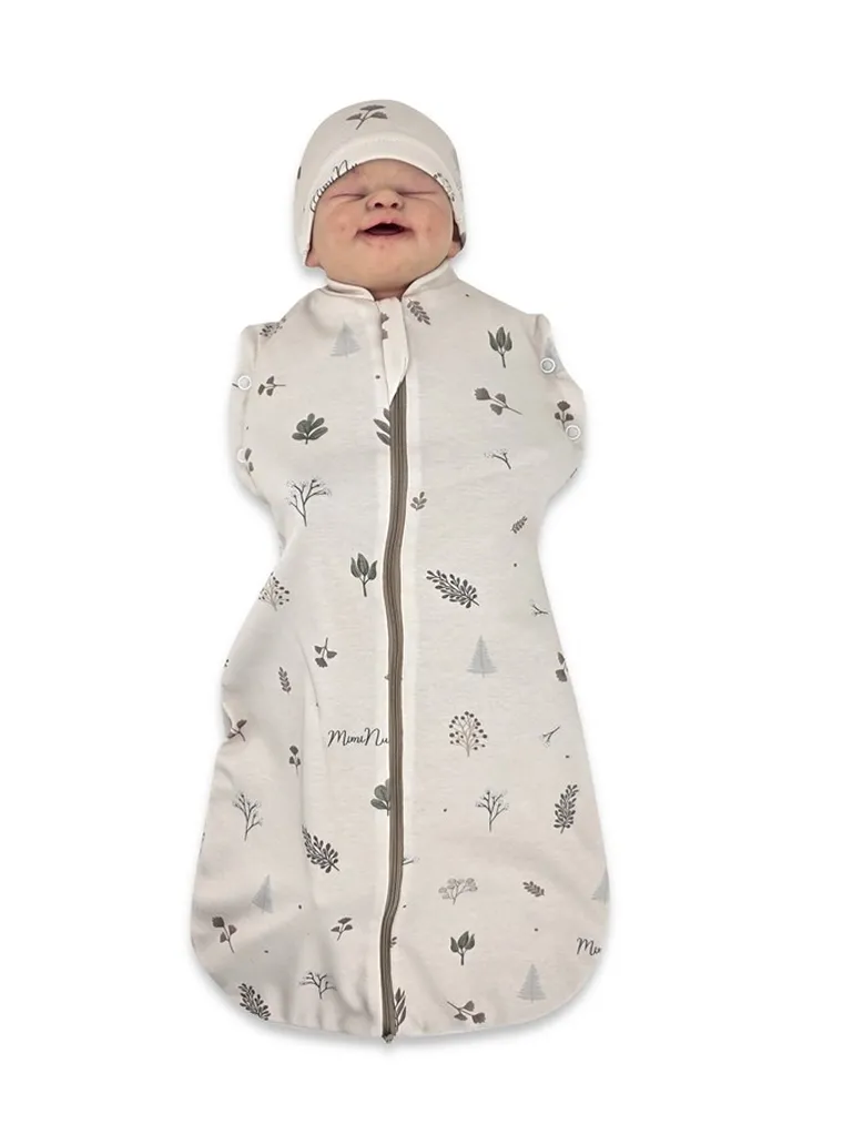 MimiNu, Soft, Teddy, komplet: śpiworek + czapeczka, listki, TOG 0.5, 0-3 m