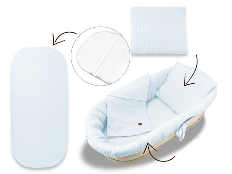 MimiNu, Soft, zestaw: ochraniacz do gondoli i kosza Mojżesza, materac, poduszka, baby blue, 0-6m