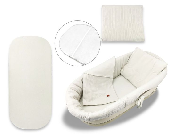 MimiNu, Soft, zestaw: ochraniacz do gondoli i kosza Mojżesza, materac, poduszka, beż, 0-6m