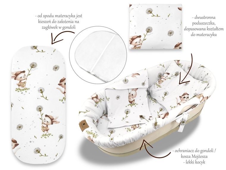 MimiNu, Soft, zestaw: ochraniacz do gondoli i kosza Mojżesza, materac, poduszka, Kotki, 0-6m