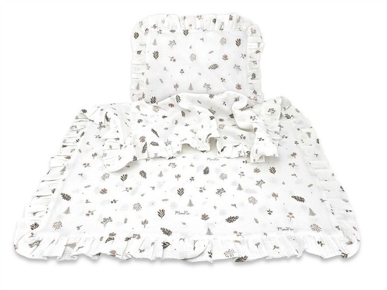 MimiNu, zestaw: muślinowy kocyk, 60-70 cm + poduszka z poszewką, 40-30, listki beż