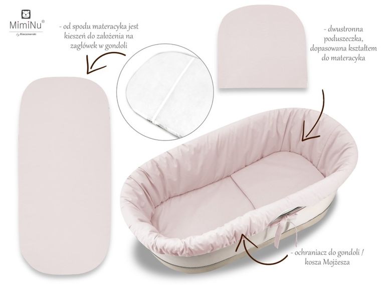 MimiNu, zestaw: uniwersalny ochraniacz do gondoli/kosza Mojżesza, materac 35-75 cm, poduszka 33-32 cm, beż, różowy