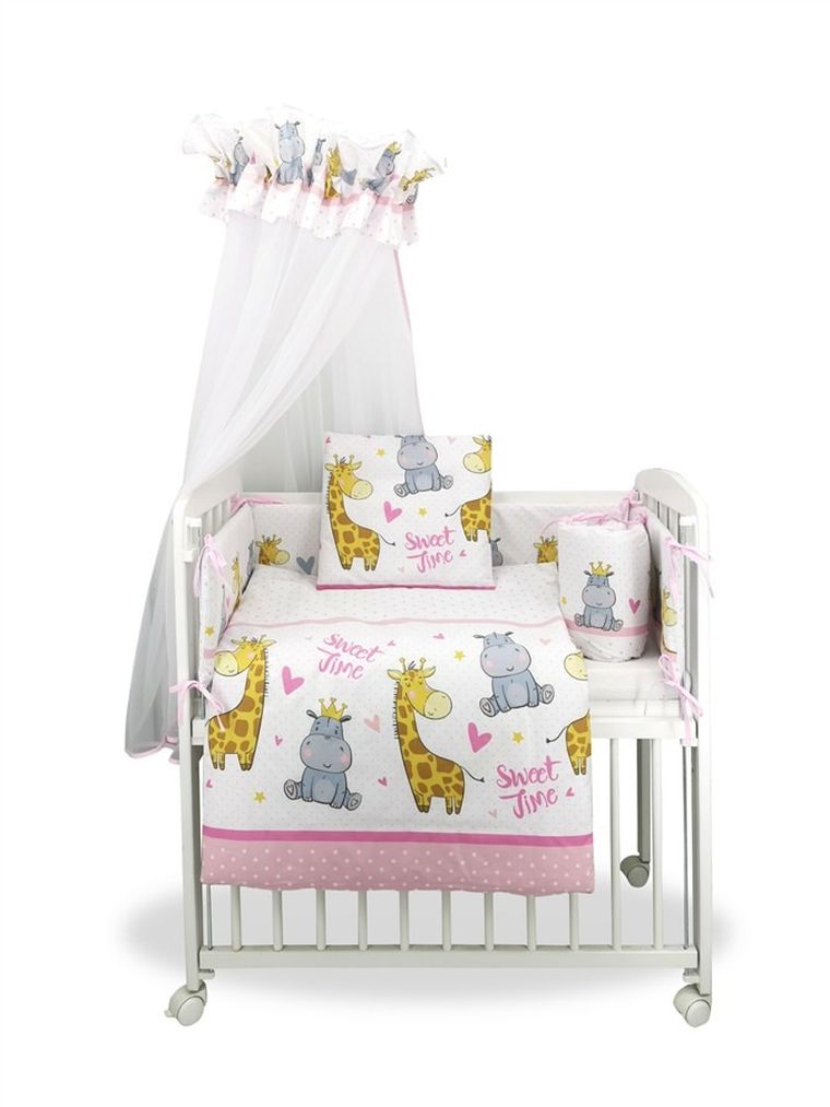 MimiNu, Żyrafa w koronie, 7-elementowy komplet do kołyski, róż