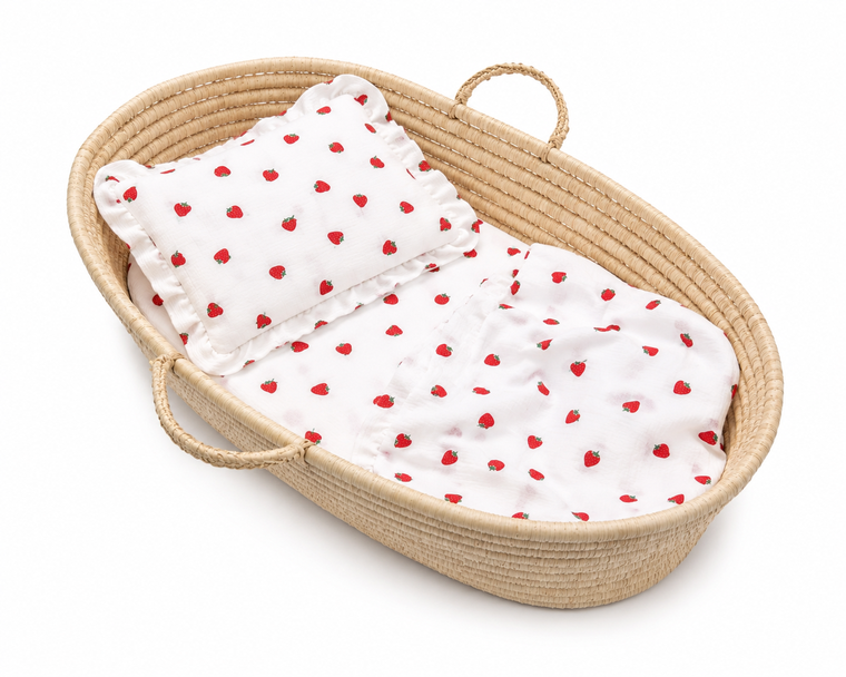 MiniAnia, 2-częściowy komplet pościeli muślinowej z falbaną, truskawka, 60-70 cm
