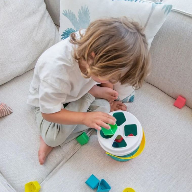 Miniland, Feel To Learn, turkusowe wiaderko z klockami, sorter kształtów