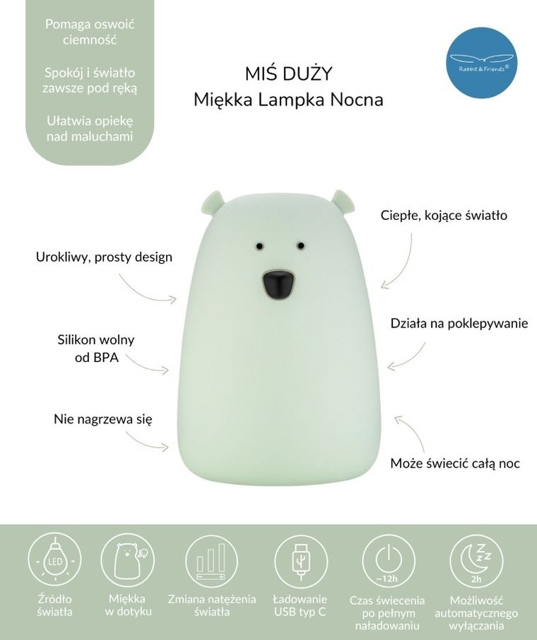 Miś, lampka silikonowa, duża, szałwiowa