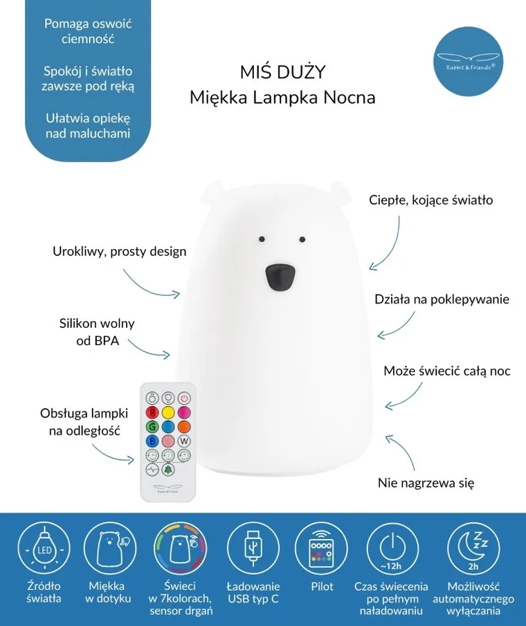 Miś, lampka silikonowa z pilotem, duża, biała